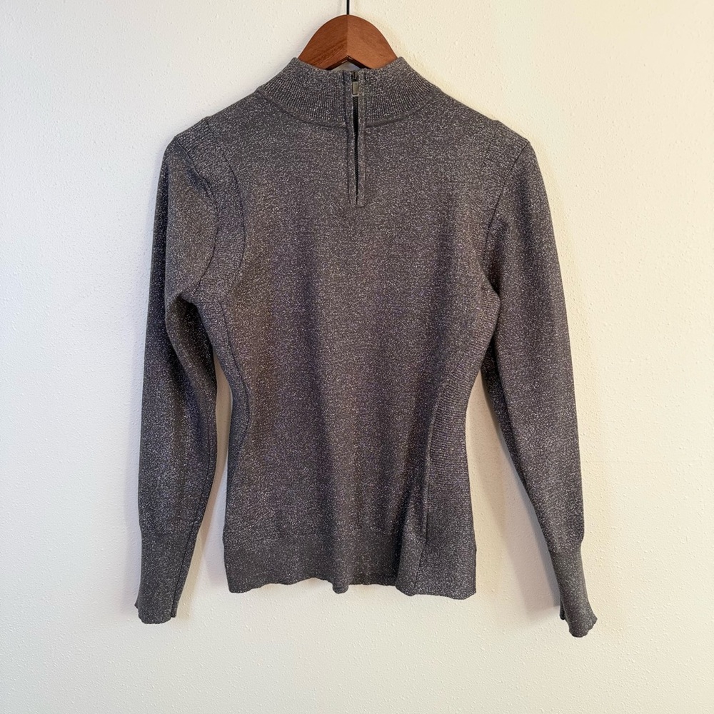 Cache Metallic Mock Neck Sweater Silver Shimmer Knit Top Large